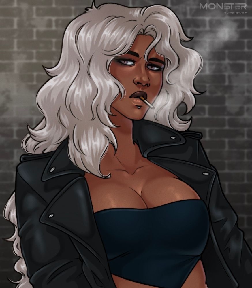 Pretty woman with light hair and crop top woth leather jacket smoking
