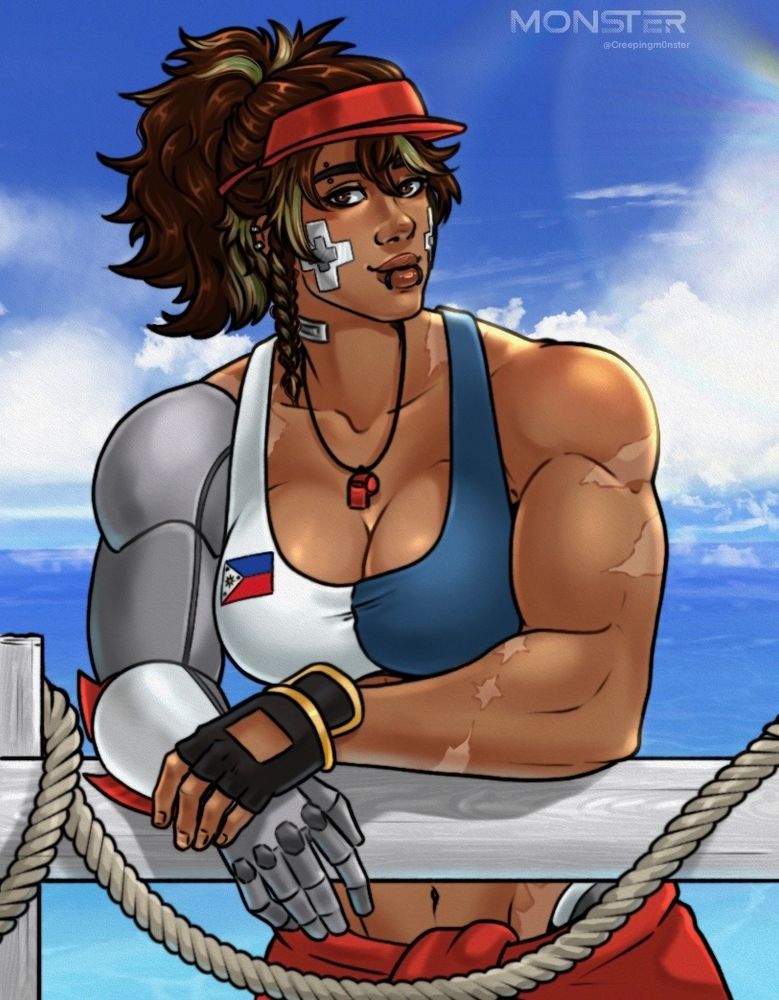 Buff woman with a metal arm in lifeguard outfit leaning on a white fence with ocean background