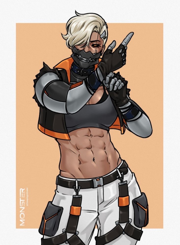 Muscled woman with cyber arms and jaw in crop top putting gloves on
