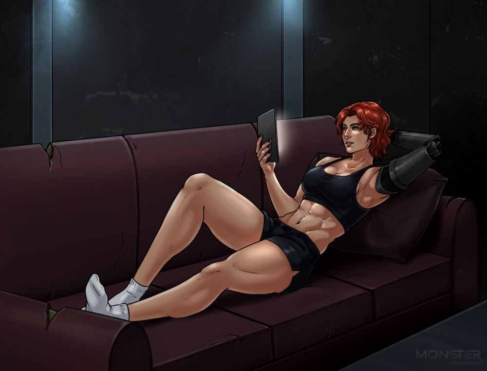 Redheaded woman with metal arm lounging on a couch looking at a datapad
