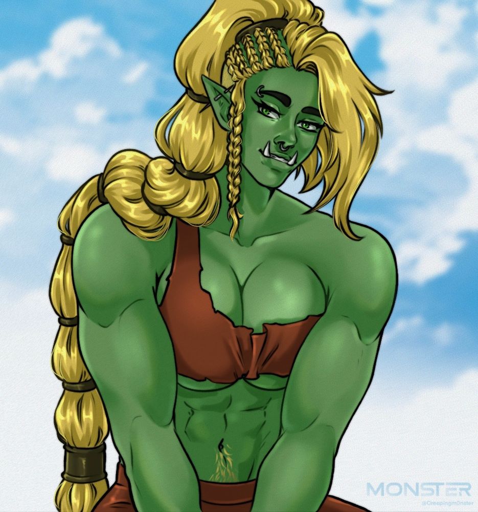 Orc woman with blonde hair and muscles with clouds 