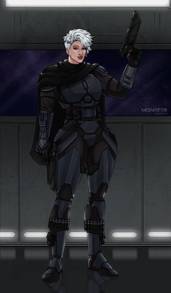 Hot madalorian woman in black armor and cape with short white hair holding blasters in a spaceship
