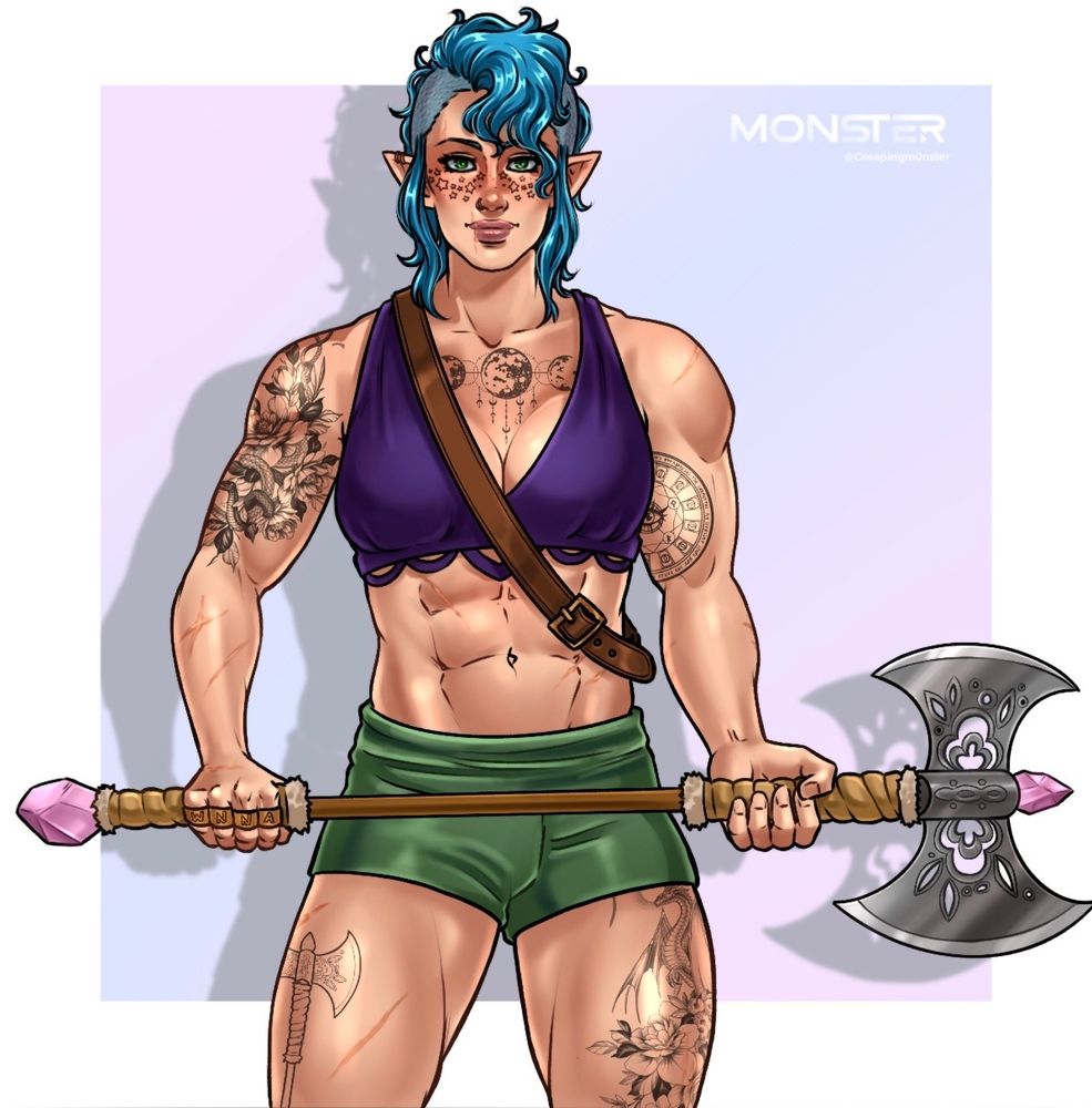 Buff tattooed woman with teal hair holding an axe 