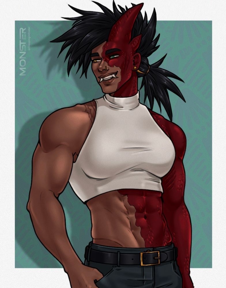 Half dragon woman with muscles in a crop top 