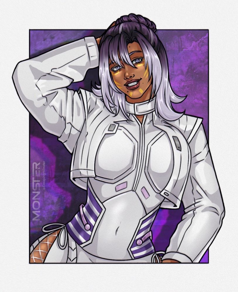 Woman with purple and white ombre hair and a white and purple futuristic looking outfit smiling with her arm up behind her head 