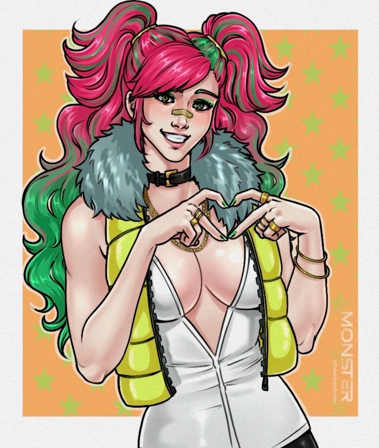Woman with pink and green hair making a heart sign with her hands and smiling 