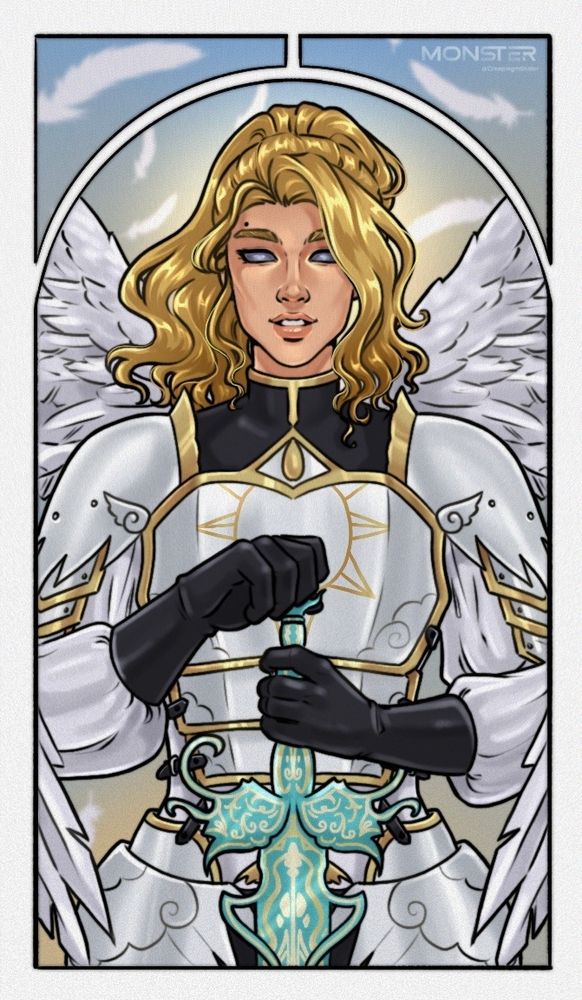 Blonde woman with angel wings and white angelic armor holding a turquoise sword