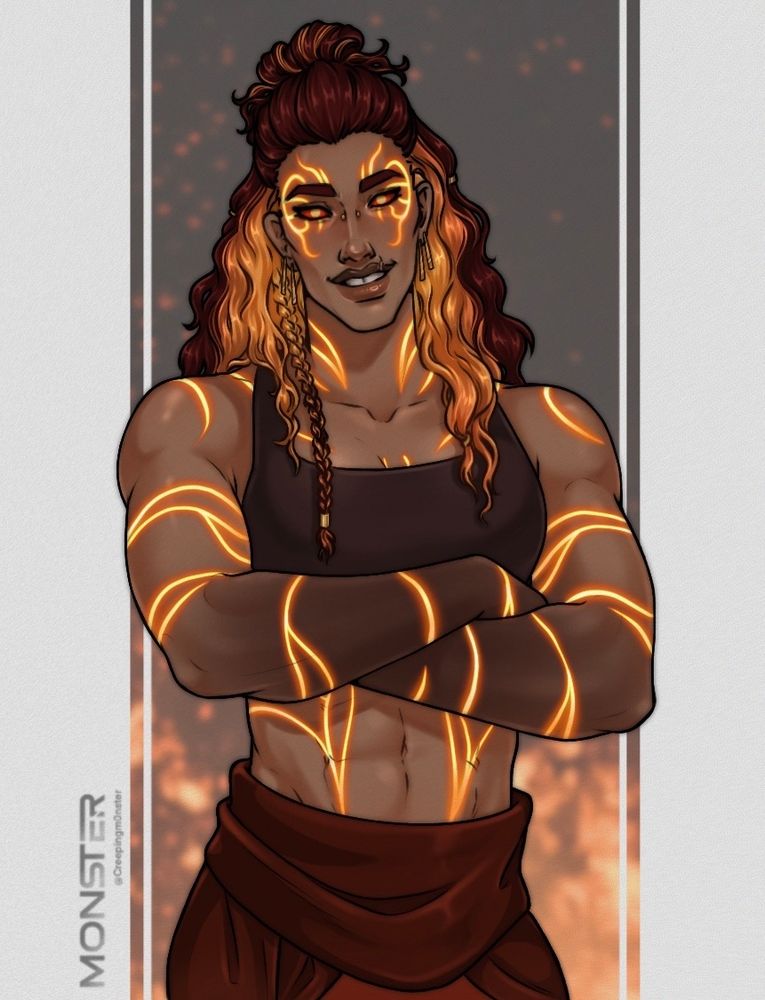 Fit attractive woman with red and orange hair and a cute tooth gap and glowing tattoos standing cross armed and smiling
