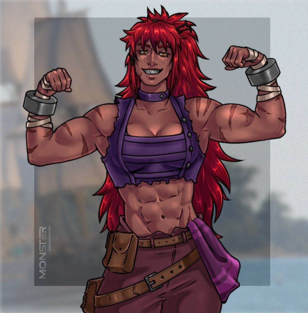 Buff redheaded woman with sharp teeth smiling and flexing 