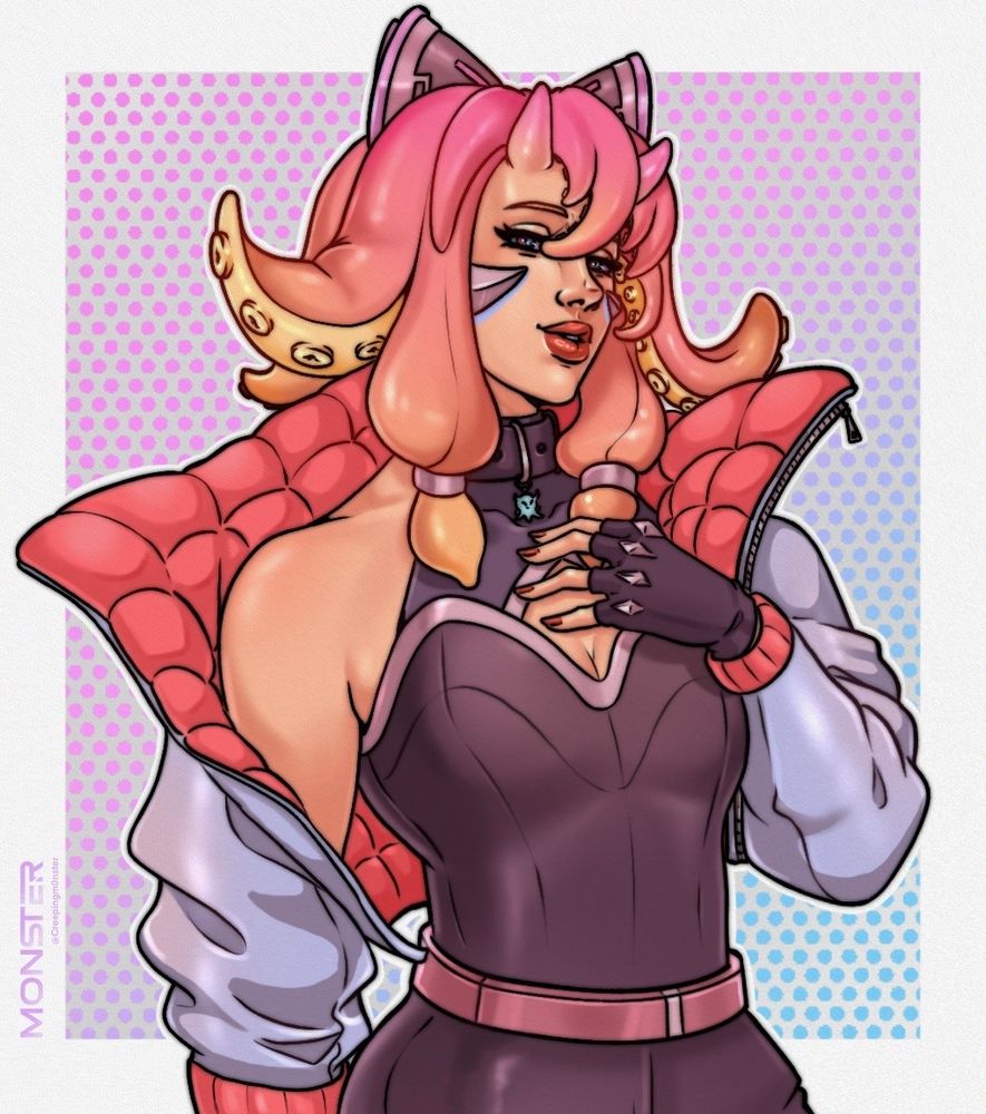 Cute woman with pink and yellow tentacle hair with a pink and blue polkadot background