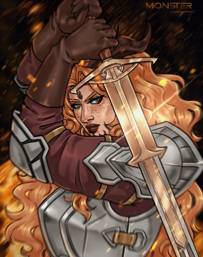 Tiefling paladin with orange blonde hair holding a sword in fiery setting 
