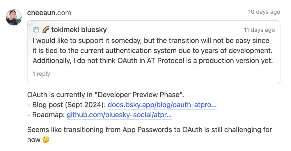 A screenshot of a social media post discussing the transition challenges from App Passwords to OAuth in a current authentication system. Accompanied by links to a blog post and a GitHub repository.