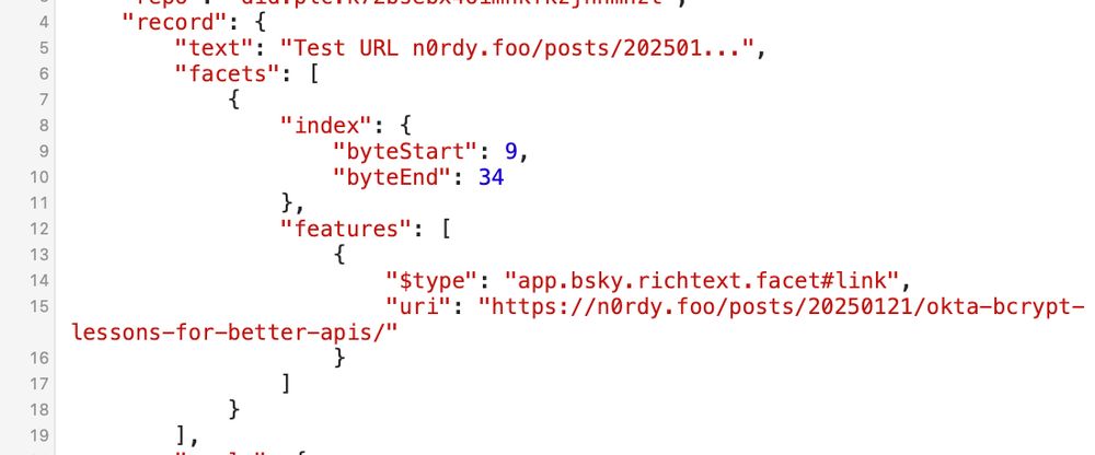 A screenshot of JSON code showing a data structure with "record" and "facets" fields, including "text" and URL information.