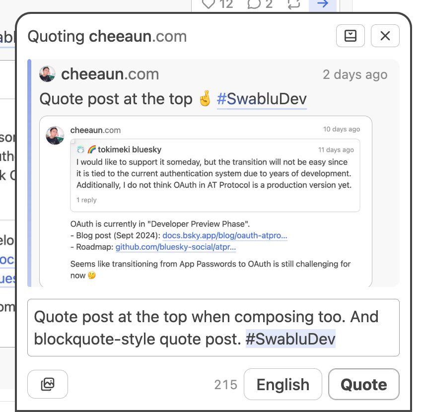 Screenshot of a social media post quoting another post from cheeaun.com, discussing OAuth in app development with the hashtag #SwabluDev.
