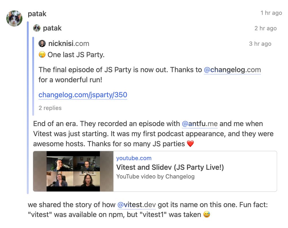 A social media post discussing the final episode of a JS Party podcast, thanking contributors and sharing a YouTube video link of Vite and Slidev.