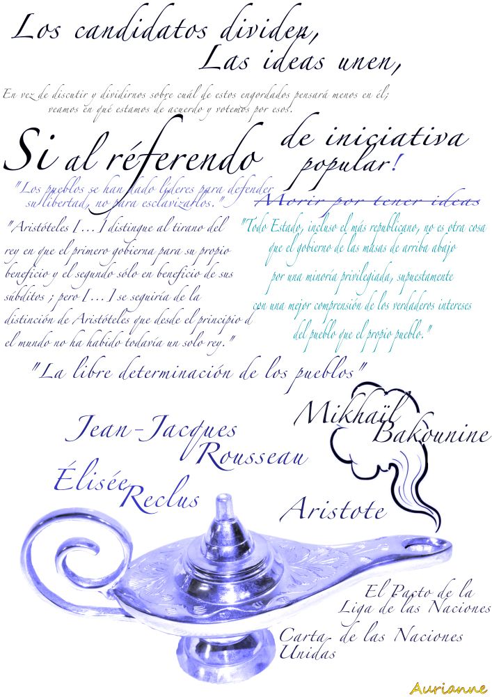 Elisée Reclus, L’Anarchie – Wikisource: https://fr.m.wikisource.org/wiki/L%E2%80%99Anarchie_(Reclus)#anarchie / Elisée Reclus, La anarquía: https://libros.uaem.mx/archivos/epub/anarquia-otros-textos/anarquia-otros-textos.pdf

Mikhail Bakunin – Wikipedia: https://es.wikipedia.org/wiki/Mija%C3%ADl_Bakunin

Los referendos permiten a los ciudadanos votar ideas y medidas. No hay necesidad de políticos que puedan traicionar a su electorado y que sean elegidos para el corto plazo. Lo que la gente vota cuando vota por personas no representa lo que piensa (estrategia, votar por el menos malo, etc.). Sería mejor votar directamente por las ideas.

Se pueden tener referendos sobre medidas a corto, medio y largo plazo.

Puede cambiar los sistemas.

Si queremos que los ciudadanos asuman sus responsabilidades mediante referéndums, esto solo será posible si han recibido una buena educación y saben cómo protegerse contra las noticias falsas. Por lo tanto, es necesaria una prensa independiente y fiable.

El referéndum une al pueblo en torno a sus ideas comunes, mientras que los candidatos lo dividen.

Sobre el mismo tema:

Et si les “gilets jaunes” s’inspiraient de la Suisse pour le “référendum d’initiative citoyenne” ? On vous présente leur système – France Info: https://www.francetvinfo.fr/economie/transports/gilets-jaunes/et-si-les-gilets-jaunes-s-inspiraient-de-la-suisse-pour-le-referendum-d-initiative-citoyenne-on-vous-presente-leur-systeme_3109759.html#xtor=CS2-765
 

Sobre los partidos políticos:

Discours : Ma démission de la présidence du Parti Pirate International / My resignation from the presidency of the International Pirate Parties: https://floriemarie.fr/index.php/2023/12/09/discours-ma-demission-de-la-presidence-du-parti-pirate-international-my-resign-of-the-presidency-of-the-international-pirate-parties/

Jean-Luc Mélenchon est “un homme violent” : deux journalistes publient un livre-enquête sur le leader de LFI – France Inter: https://www.radiofrance.fr/franceinter/…