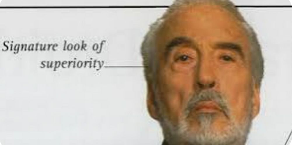 A close up of Count Dooku's face with the description "Signature look of superiority"