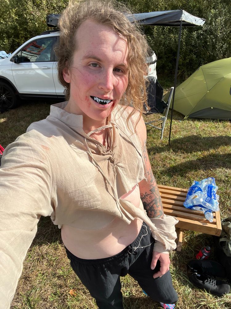 After two 15s rugby matches, my cloak gone and shirt torn to shreds, my fanged mouth peace showing… fake blood smeared on my face with real blood at this point 