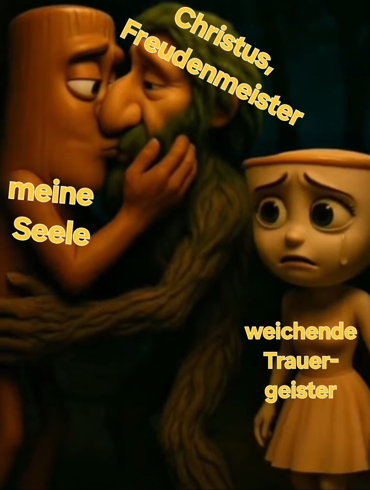 Tung Tung Tung Sahur (=Meine Seele) küsst Brr Brr Patapim (=Christus, Freudenmeister), daneben steht weinend Ballerina Cappuccina (=weichende Trauergeister).