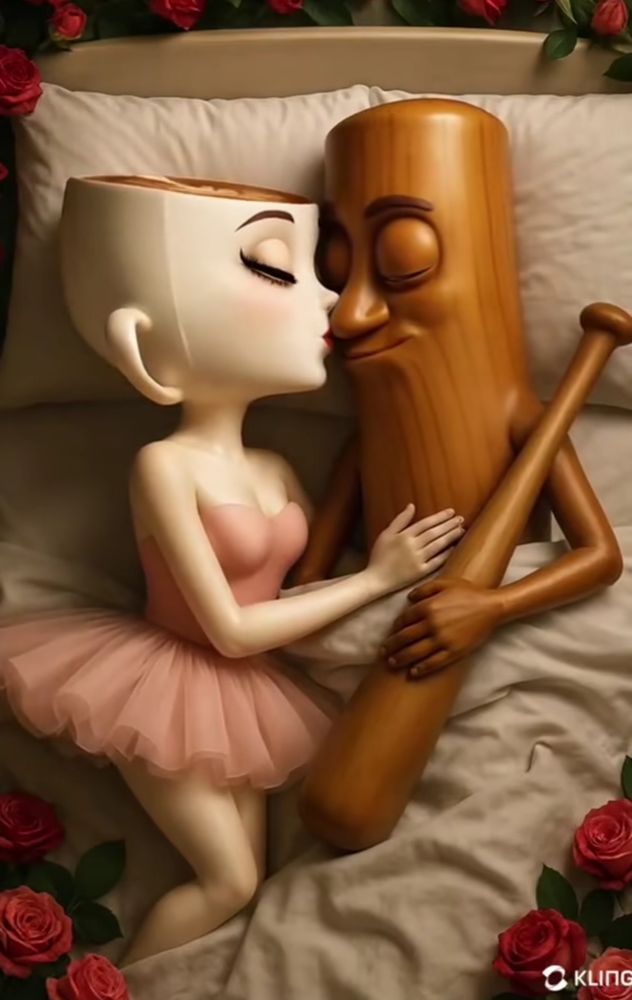 Eine anthropomorphe Cappucino-Tasse schmust mit einem anthropomorphen Baseballschläger in einem Bett umgeben von Rosen