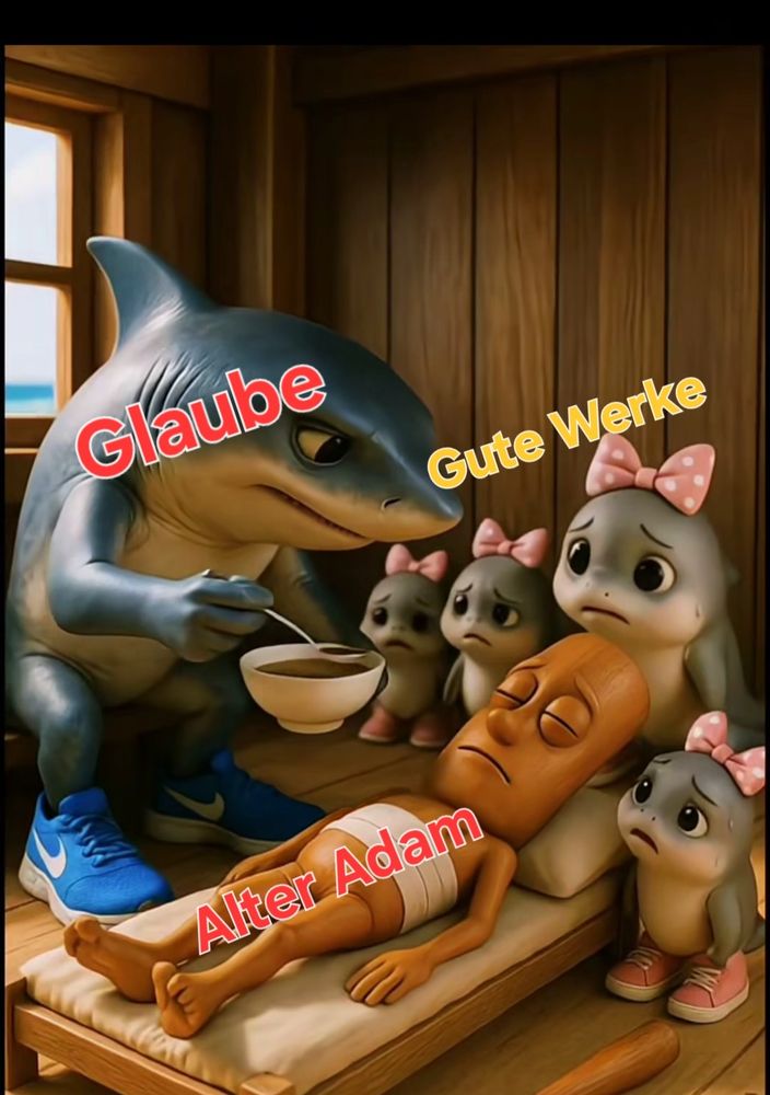 Trallalero Trallala (Glaube) flößt dem bewusstlosen Tung Tung Tung Sahur (Alter Adam) eine stärkende Suppe ein. Daneben stehen Trallaleros Kinder (Gute Werke).