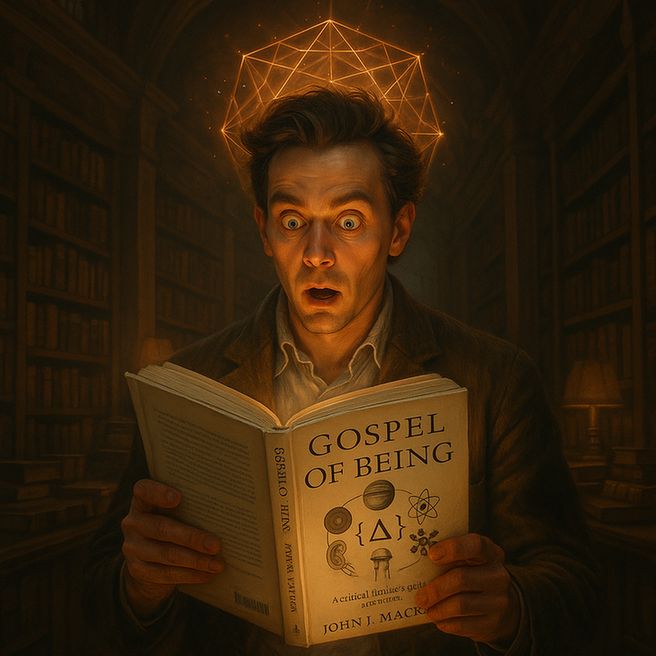 A stunned man in a dark blazer stands in an ornate library, holding a glowing copy of Gospel of Being by John I. Mackay. His eyes are wide with revelation. Warm light radiates from the book, casting an ambient glow across the richly lined bookshelves behind him.