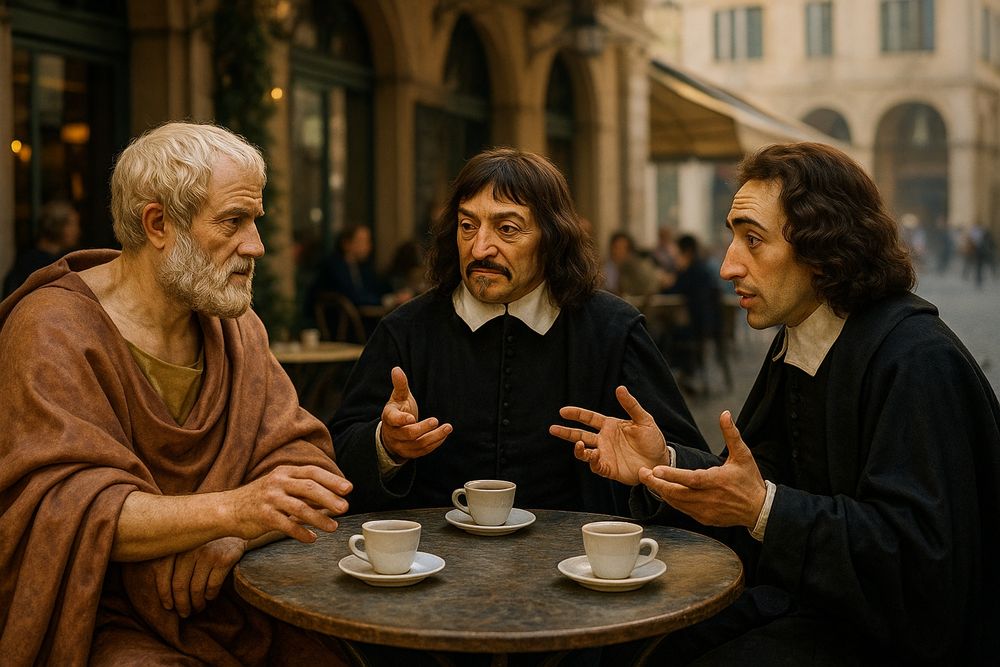 Aristotle, Descrates and Spinoza discussing the merits of substance vs process ontology over coffee (in an alternate universe)