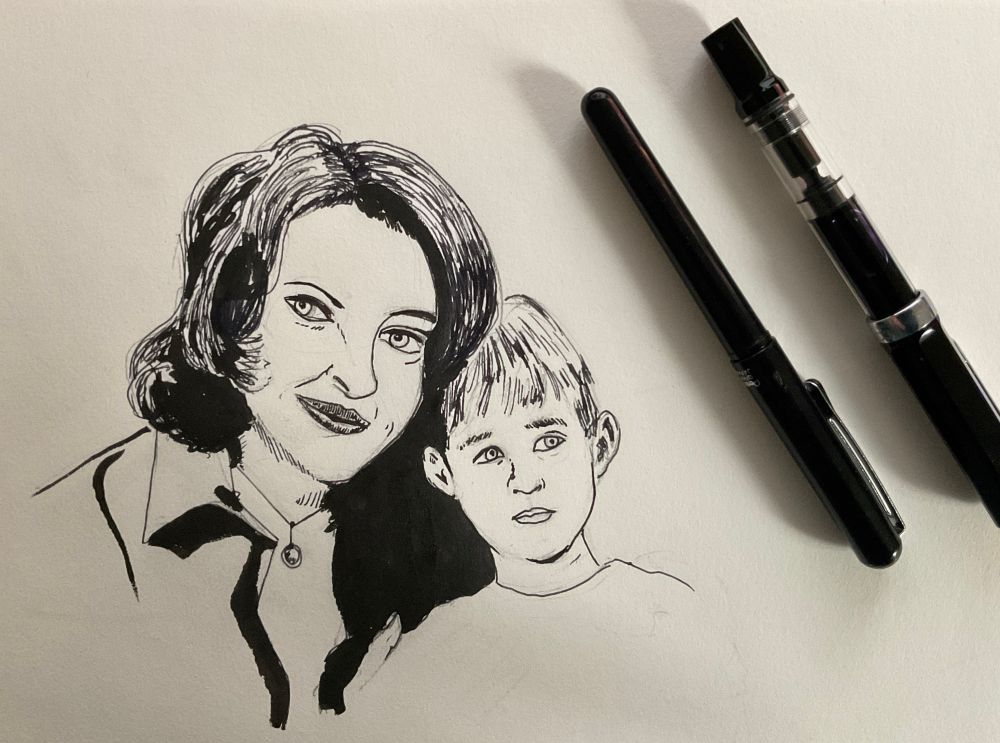 Toni Collette et Haley Joel Osment dessinés à l’encre à l’époque du sixième sens. 
