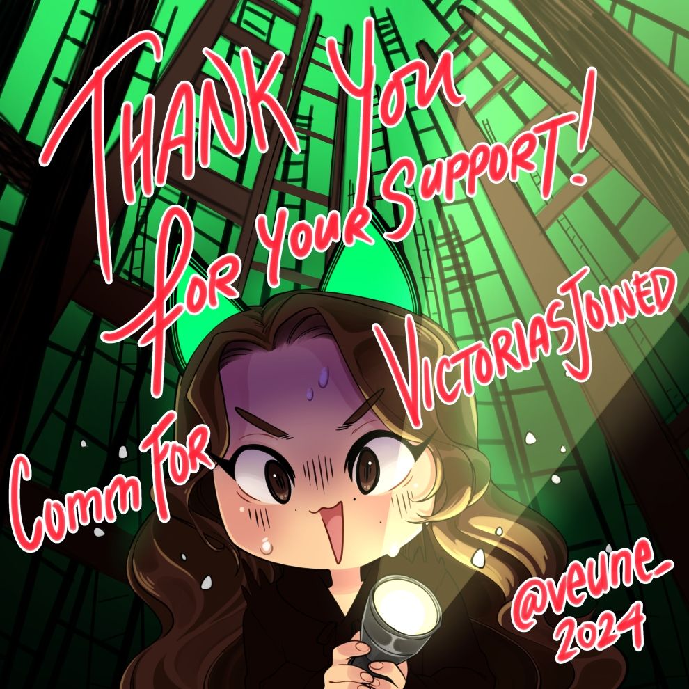 A scared girl with long wavy brown hair and green cat ear headphones is slightly sweating with a scared expression. There are towering ladders behind her, looming over menacingly, set against a gradient of black to neon green creating an unsettling atmosphere. There is a text in red with white outline that reads "Thank you for your support! Comm for Victoriasjoined! Veune_ 2024"