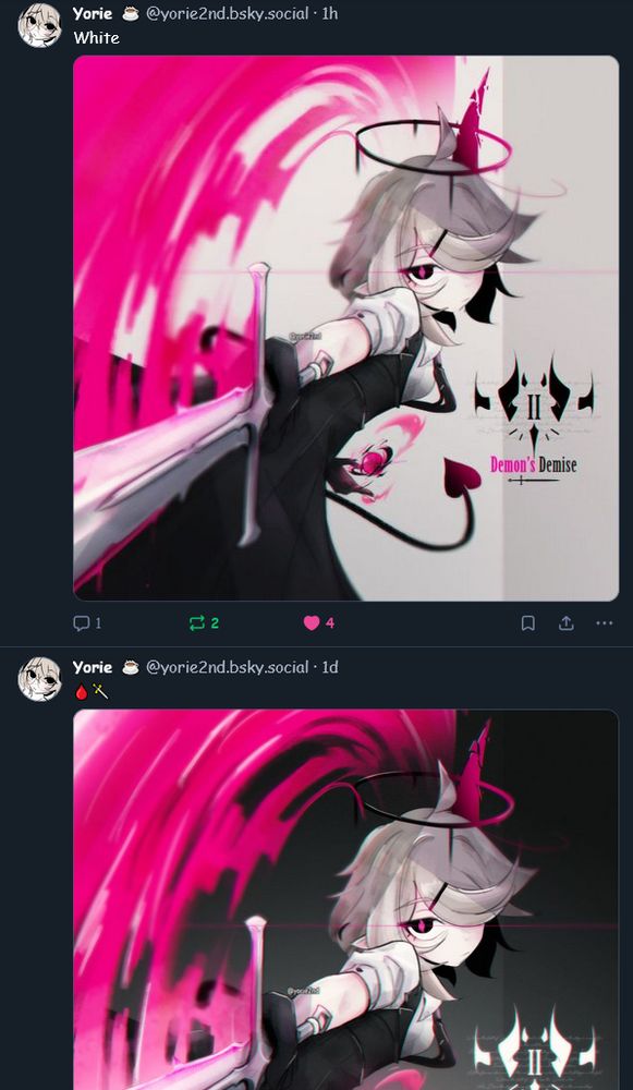 two consecutive bluesky posts, the first being an image of a girl swiping a sword with a pink afterimage slicing through the air on a dark background. it has caption with a blood emoji and a sword emoji. the second image is the same image of a girl swiping a sword with a pink afterimage slicing through the air but the background is instead a bright white. the caption says "White"