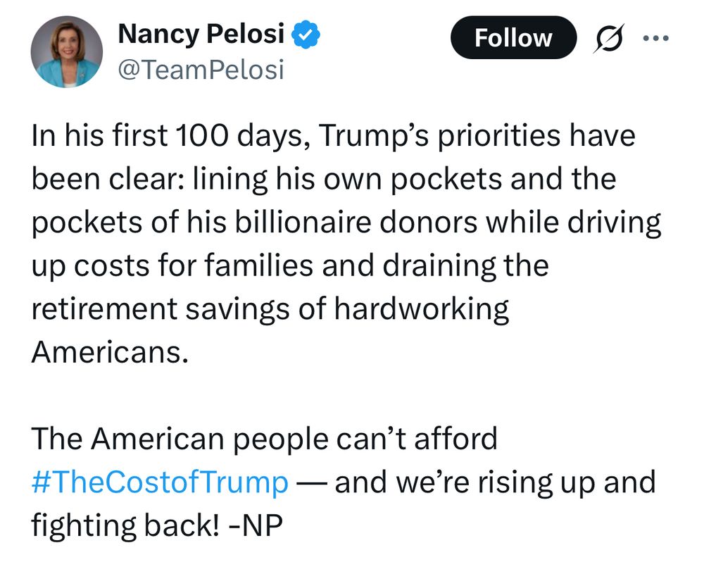 Nancy Pelosy on Trump’s first 100 days in office. 
