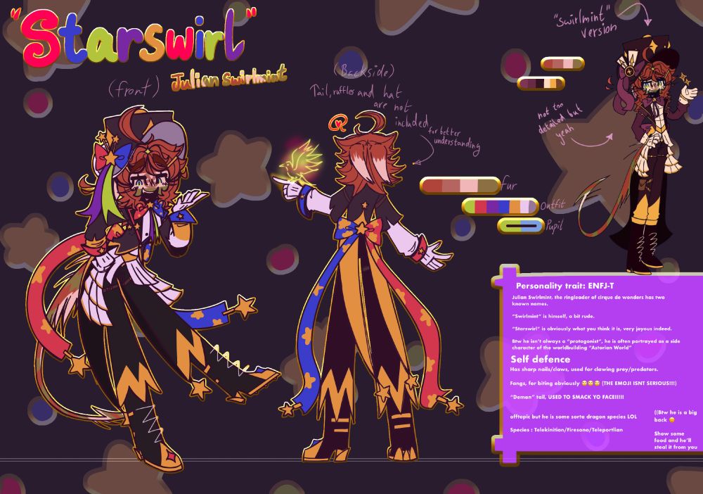 Starswirl, Ringmaster of “Cirque de Wonders”, is a character with colorful palette. 

The top right corner features another version of Julian, “Swirlmint”. (Purplish black for the suit and magenta-purplish color for the bows.)