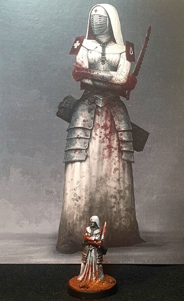 28mm figure painted in white like a nurse but ominous with blood splatter and armour
