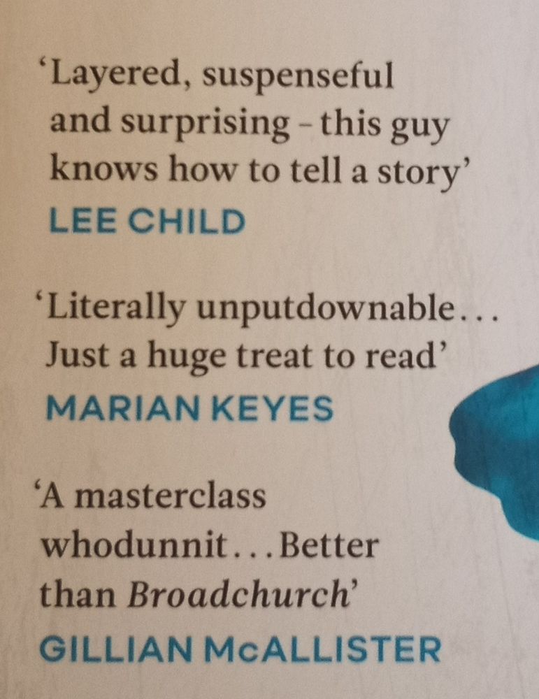 Detail of celeb quotes on a book jacket, including: "Literally unputdownable... Just a huge treat to read" Marian Keyes 
