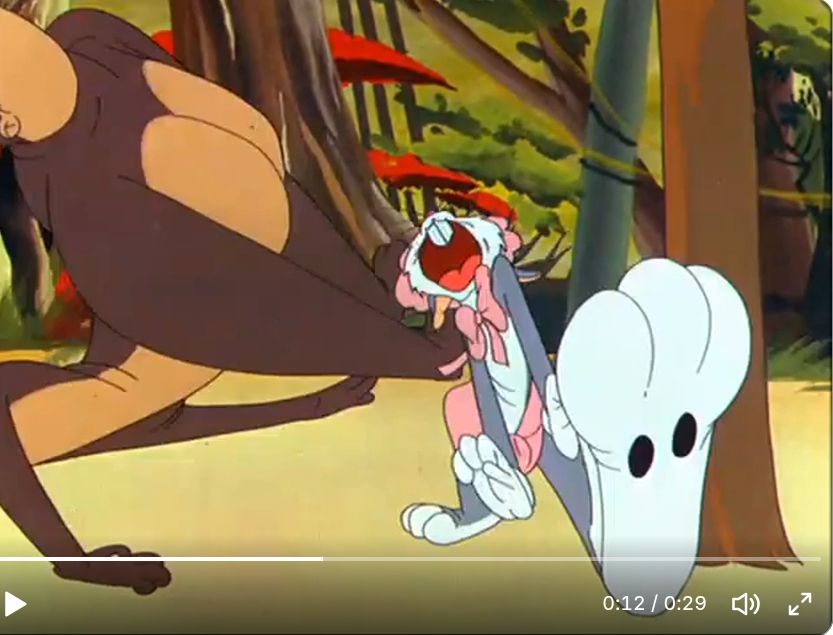 A still from the clip. Bugs, dancing with a gorilla, kicks a foot directly towards the camera, making his foot enormous 