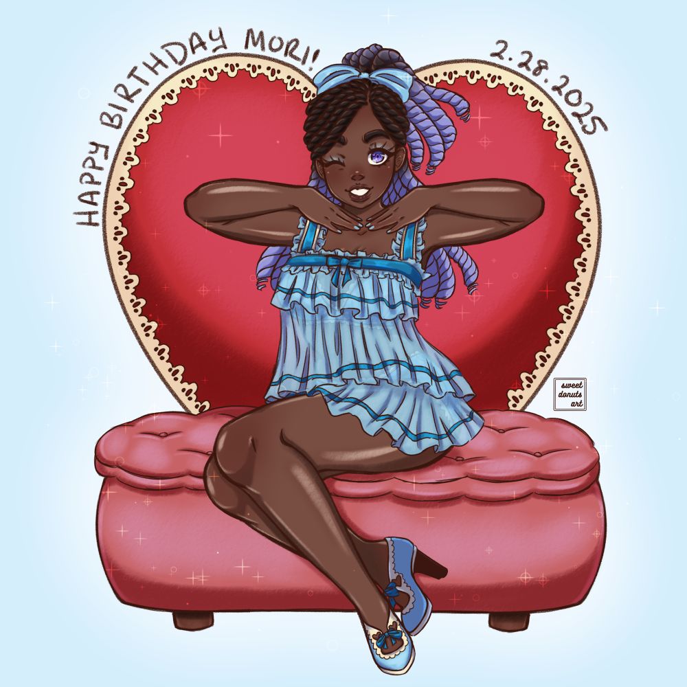 digital sketch of my oc Mori sitting on an ottoman with a big lace lined heart behind her. she is smiling and winking cheekily into the camera, posing in a baby blue see-through dress with her ankles crossed. the text on top of the heart says “happy birthday Mori! 2.28.2025”