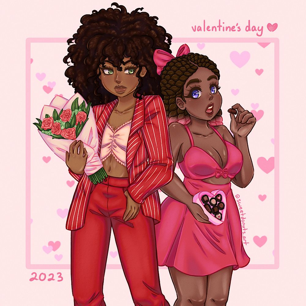 digital illustration of my ocs Juniper and Mori. Juniper wears a red striped blazer, lacy camisole and red trousers, and is holding a bouquet of roses. Mori has pink twists, is wearing a hot pink dress with a bow in her hair, and is holding a heart-shaped box of chocolates. they are surrounded by hearts in the background. the text reads “valentine’s day” at the top right and “2023” on the bottom left corner
