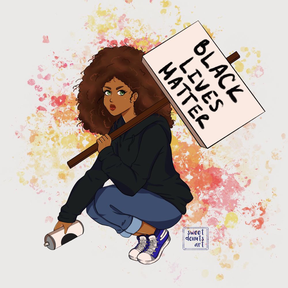 digital illustration from 2020: my oc Juniper in a black hoodie, pants and blue sneakers. she is holding a white spray can in one hand and in the other she holds up a sign that says “Black Lives Matter”