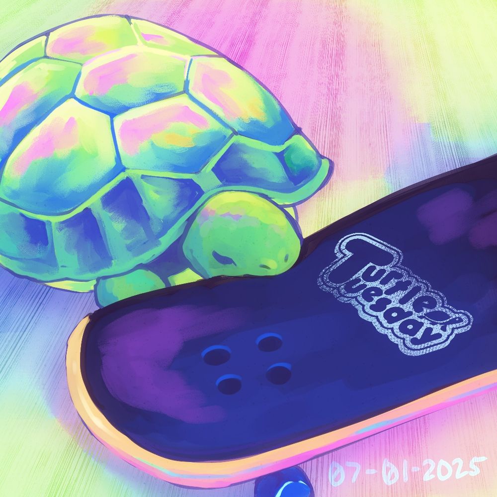 colorful digital illustration of a baby tortoise biting a fingerboard 