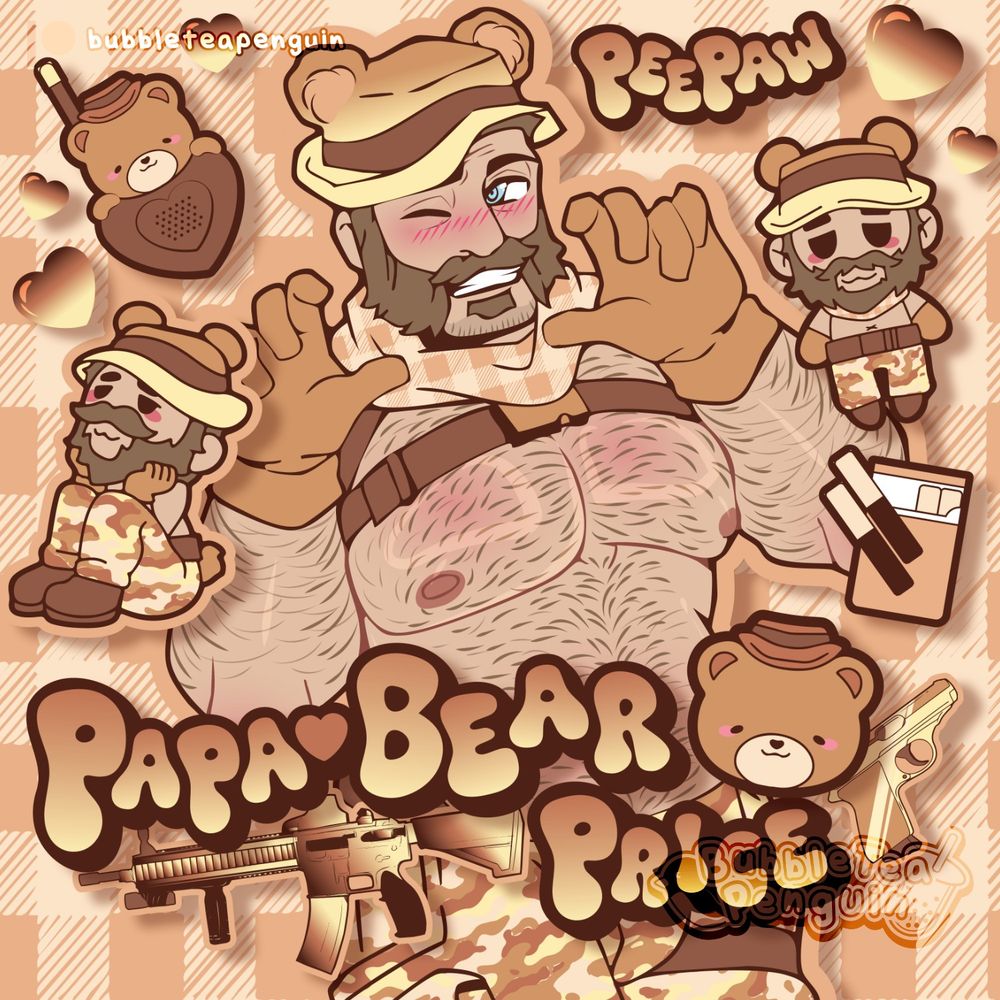 Call of duty fanart of character John Price with a dad bod/chubbier build with a bear themed bucket hat. Other chibi versions of him along with a tagline "papa bear price" is across the overall image. Image uses colors of yellow, cream, & browns to replicate a "custard pudding" vibe 