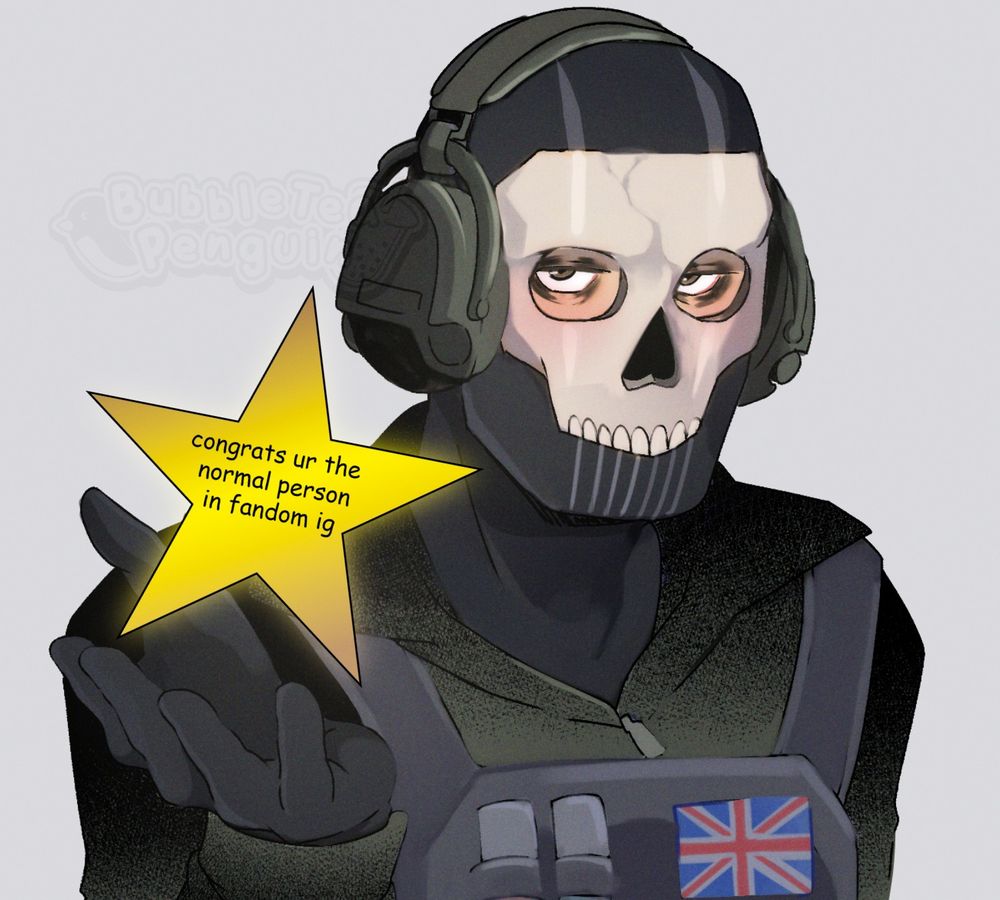 Bust shot of Ghost (from Call of duty) looking at the viewer dejected and holding a gold star to the viewer saying "congrats ur the normal person in fandom ig" 