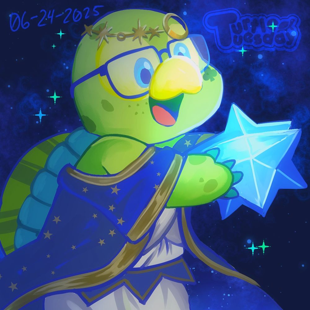 Digital drawing of 'Olu Mel the Shy Sea Turtle from Duffy and Friends but he is dressed up like Trey Clover from Twisted Wonderland in his Starsending Robes 