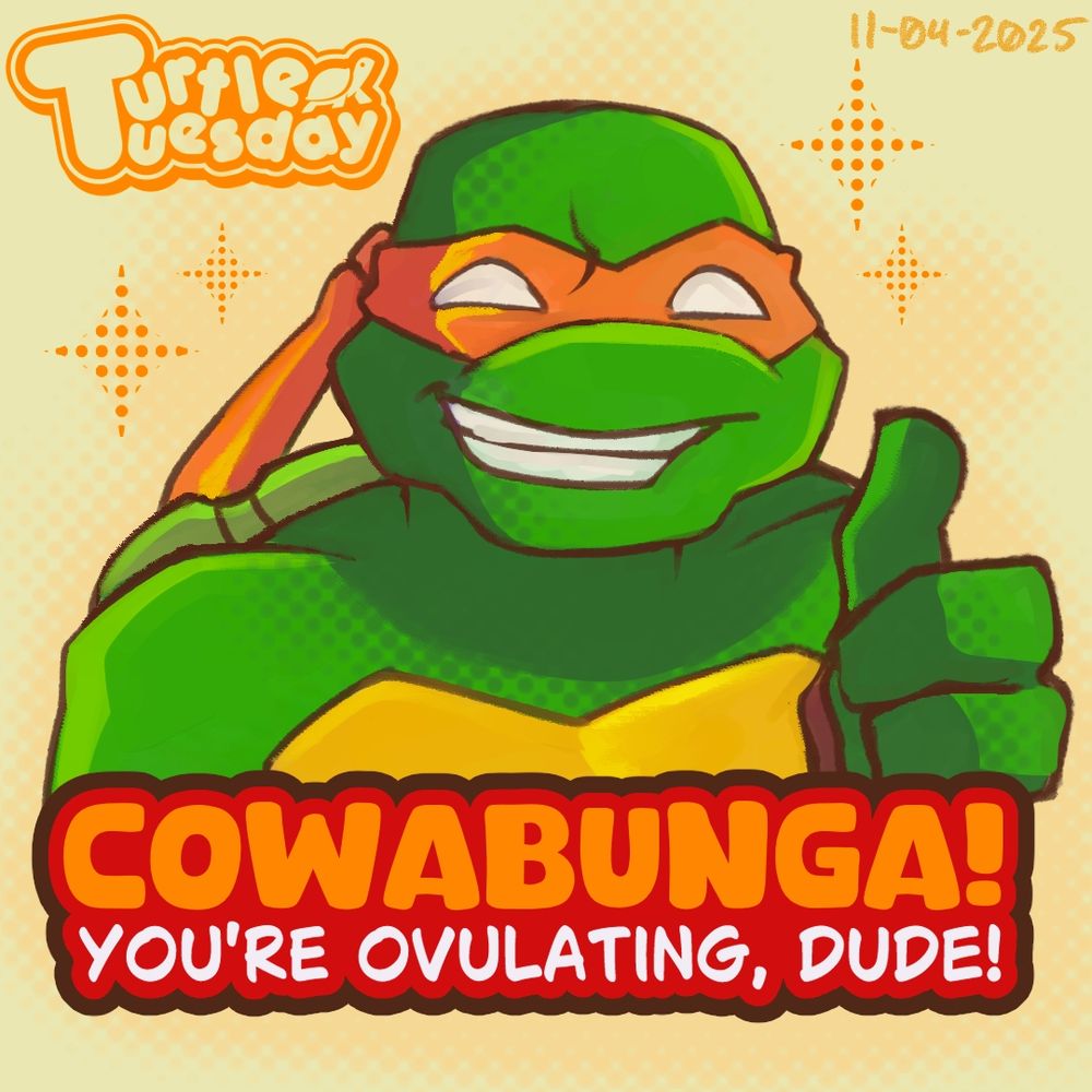 Michelangelo from the Teenage Mutant Ninja Turtles (2003) giving a thumbs up to the viewer, grin on his face with the caption of "Cowabunga! You're Ovulating, Dude!" 