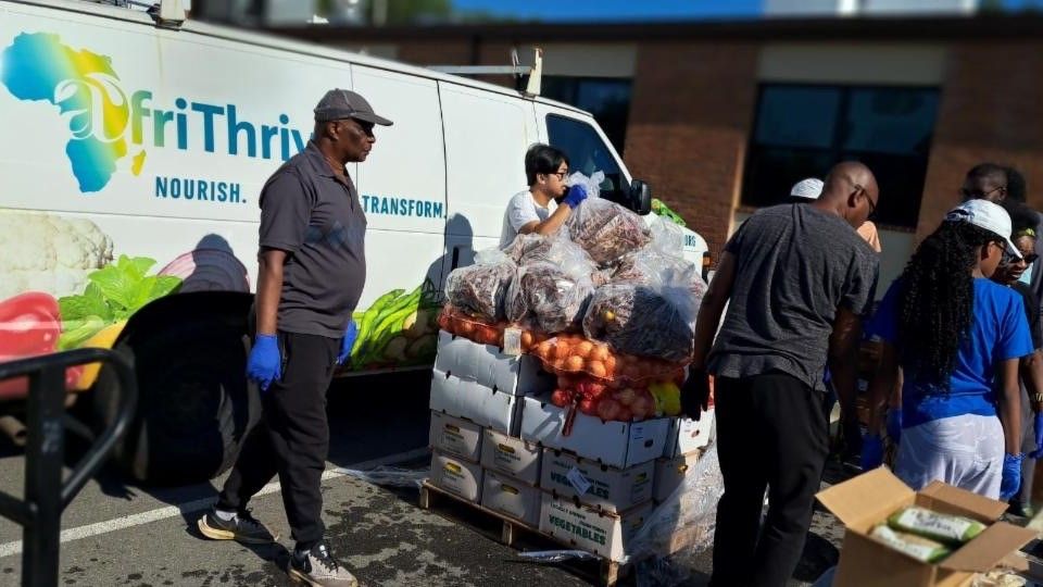 Picture of several people outside with pallets of food stacked on the ground. The Afrithrive logo can be seen on the white van in the background.
