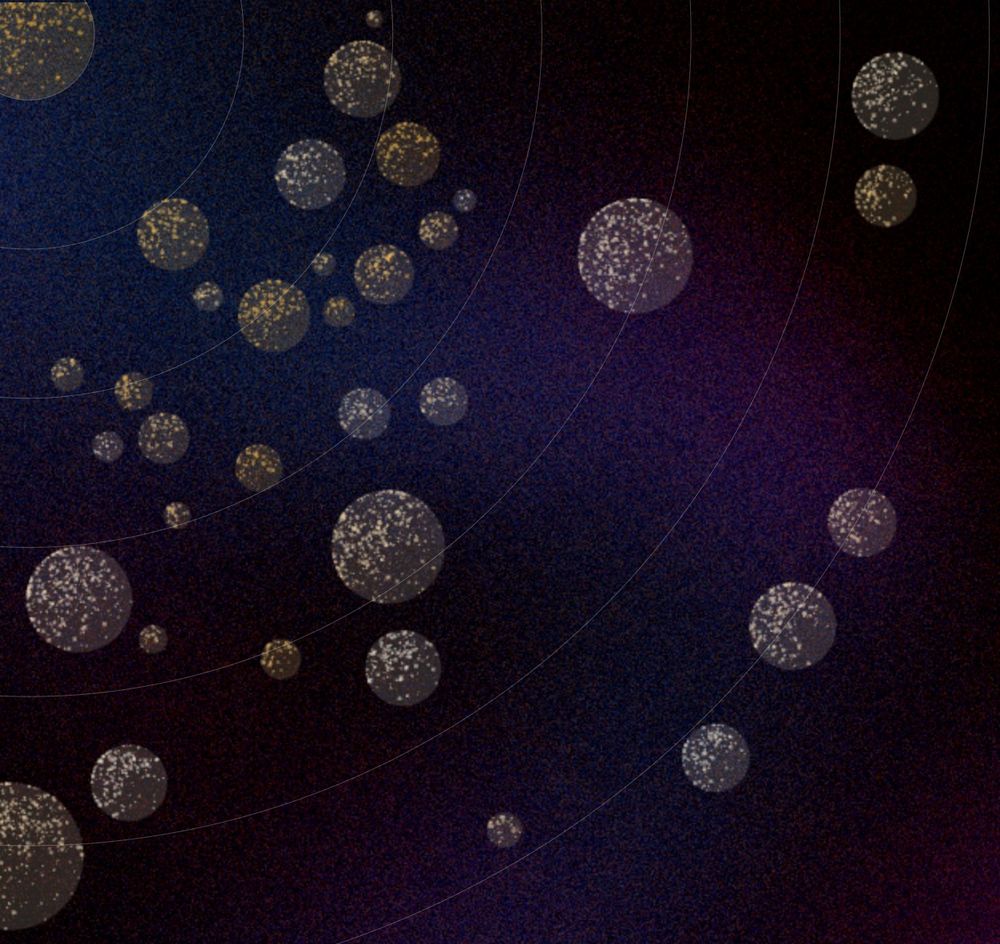 A digital artwork featuring clusters of glowing golden and white speckled circles of varying sizes, arranged in a spiral pattern against a deep blue and purple cosmic-like background. Faint concentric circular lines add a sense of depth and movement, evoking the imagery of celestial bodies or a data-inspired galaxy visualization.