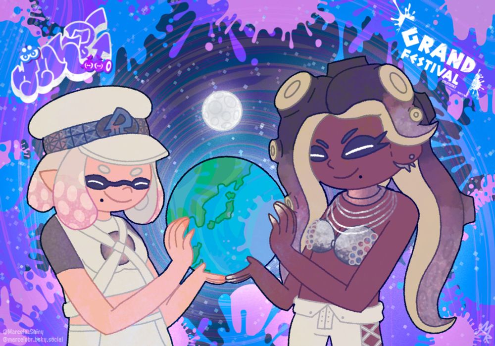 Pearl and Marina holding earth, representing the current present.