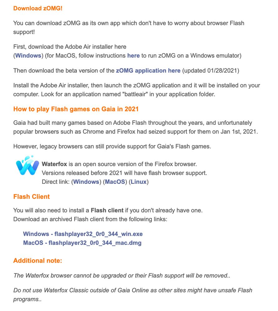 Screenshot from the zOMG page explaining how you can still play it, the game was built in/with Adobe Flash which makes things tricky in 2025.
