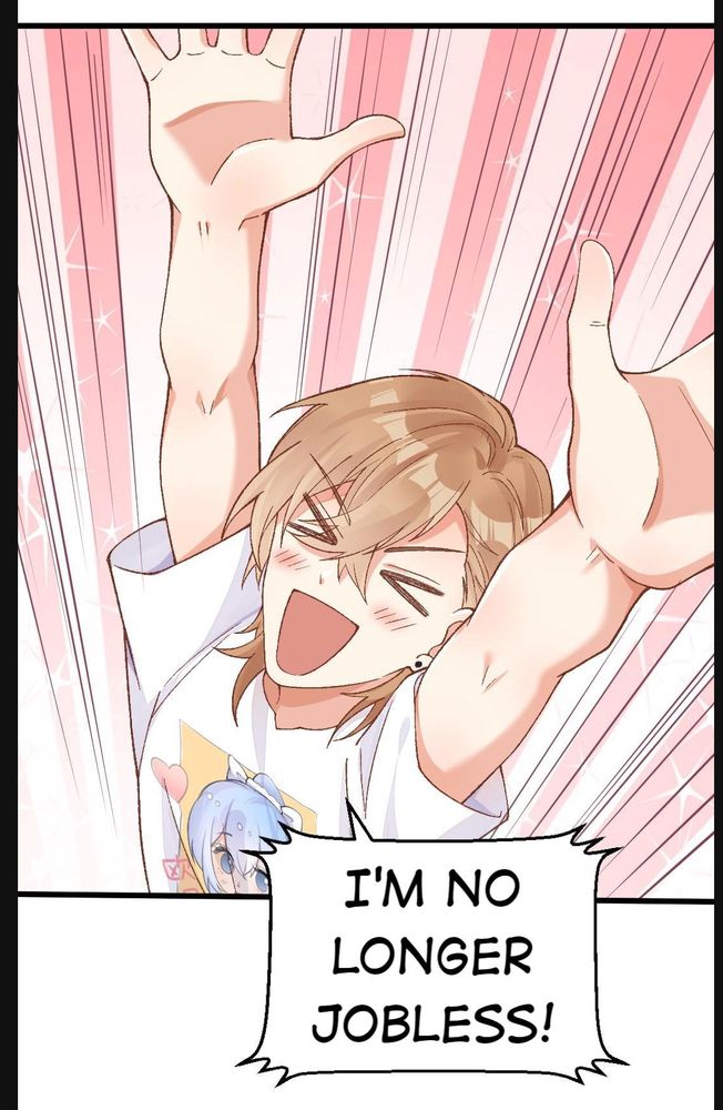 Screenshot from a webtoon where a character is joyously exclaiming "I'm no longer jobless!"