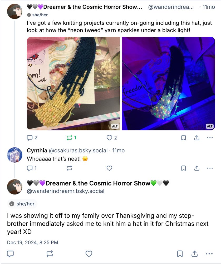 Screenshot of a series of posts from December 19, 2024
Me: I’ve got a few knitting projects currently on-going including this hat, just look at how the “neon tweed” yarn sparkles under a black light! [two images]
csakuras: Whoaaaa that’s neat! 😮
Me: I was showing it off to my family over Thanksgiving and my step-brother immediately asked me to knit him a hat in it for Christmas next year! XD