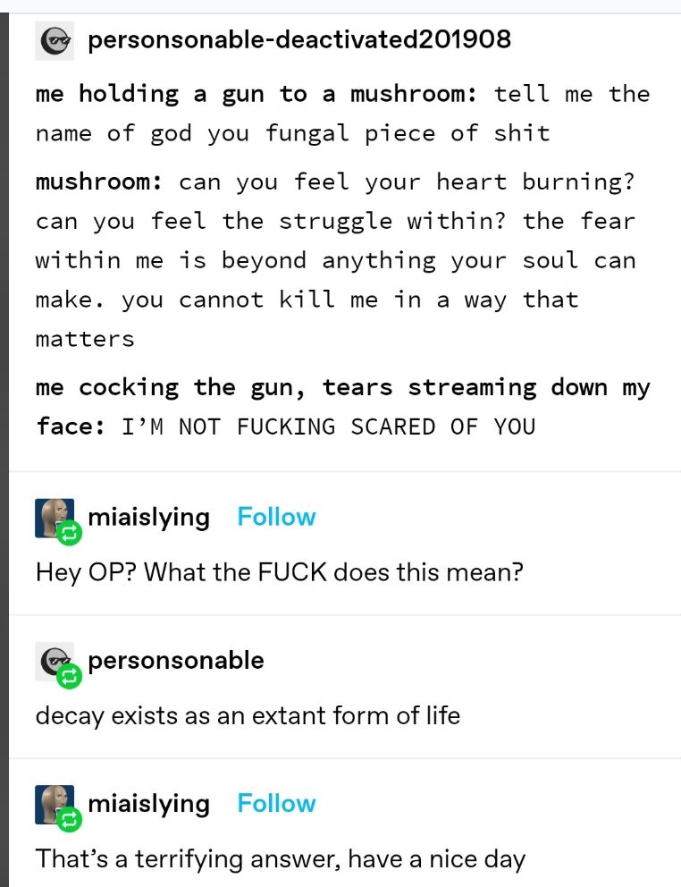 personsonable-deactivated201908:
me holding a gun to a mushroom: tell me the name of god you fungal piece of shit
mushroom: can you feel your heart burning?
can you feel the struggle within? the fear within me is beyond anything your soul can make. you cannot kill me in a way that matters
me cocking the gun, tears streaming down my
face: I'M NOT FUCKING SCARED OF YOU

miaislying:
Hey OP? What the FUCK does this mean?

personsonable:
decay exists as an extant form of life

miaislying:
That's a terrifying answer, have a nice day